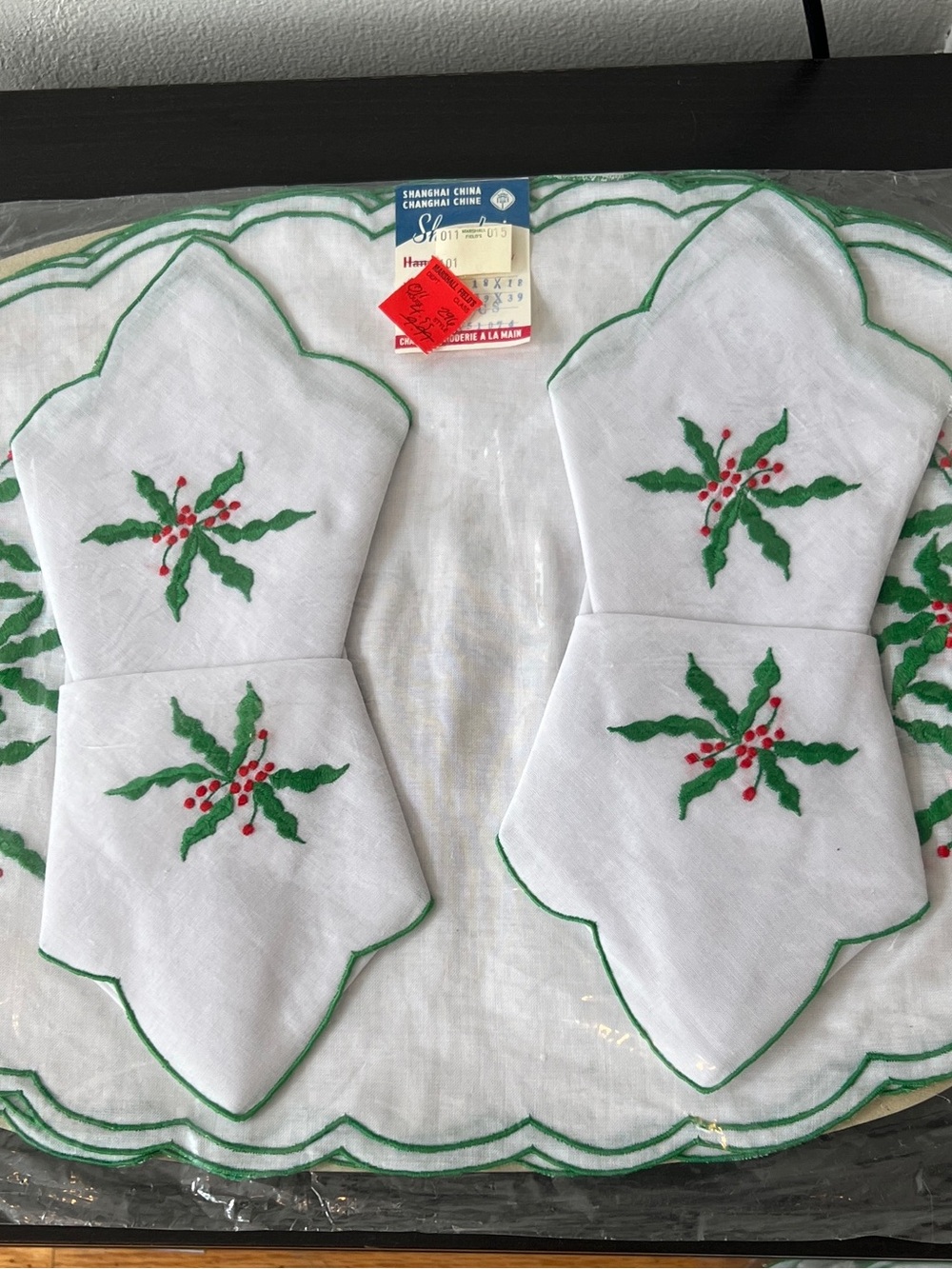 Vintage Marshall Field's Shanghai Hand Embroidered Christmas Table Linen Set
